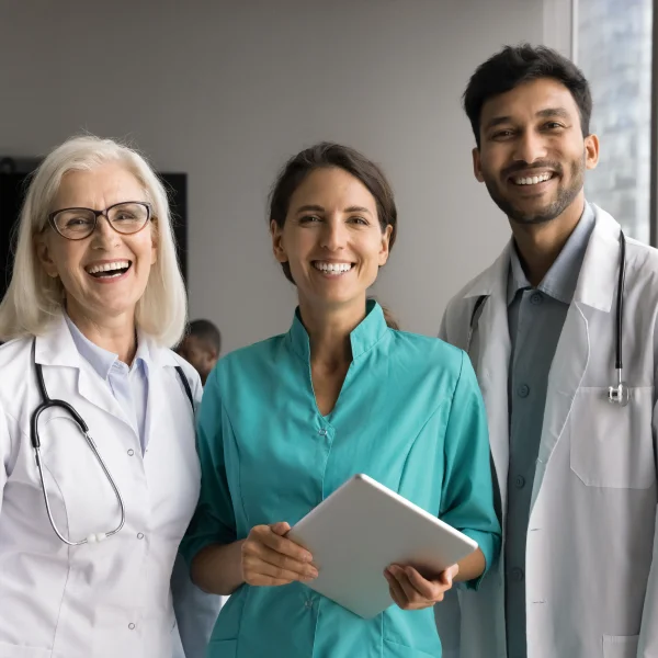 Trois médecins souriants entourent un patient, illustrant un moment de soutien et de bienveillance après une commotion cérébrale.
