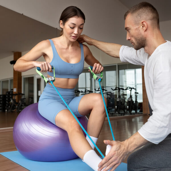 Un homme aide une femme à utiliser une bande de résistance lors d'un exercice de fitness.